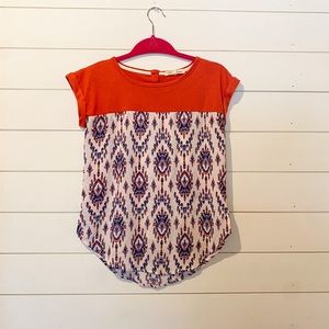 Rewind Mixed Media Blouse in Orange Coral and Blue Ikat
